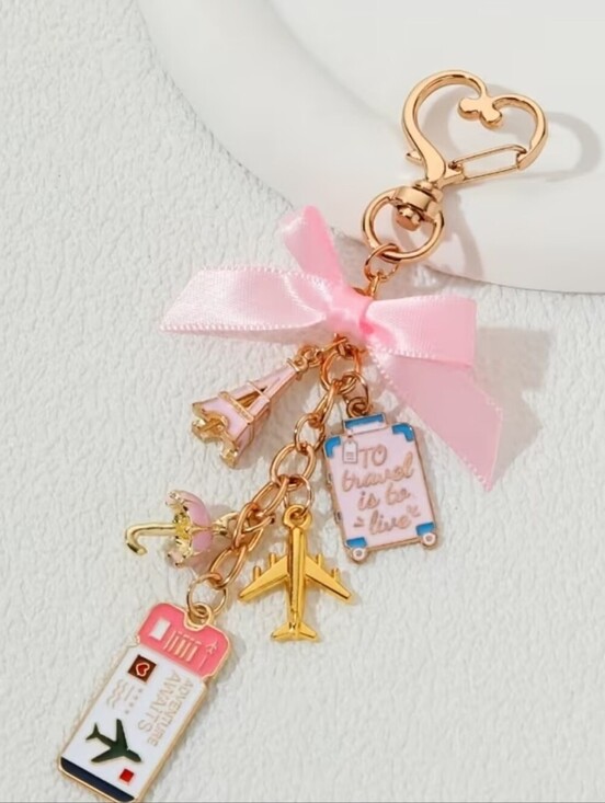Accessories - Coquette Travel Keychain Pink Bow Airplane Eiffel Tower Charm Bag Charm
